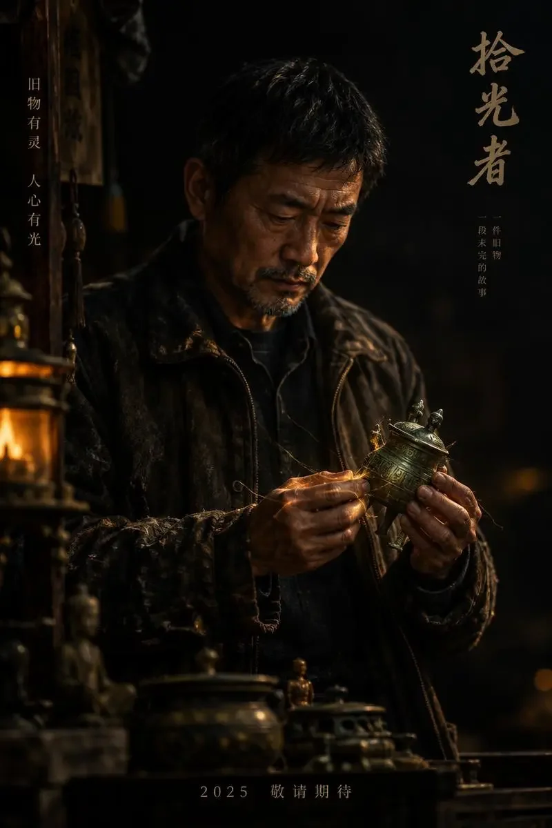 《人到中年：我的双眼可以看穿一切》主视觉：旧货市场里中年男人凝视着泛光的旧物