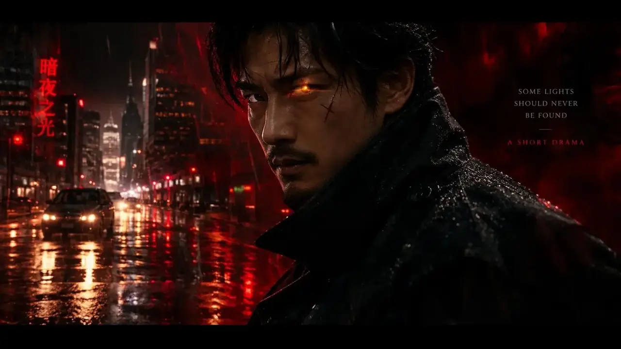 《神瞳觉醒》首屏横幅：雨夜街头，主角在霓虹与金瞳微光中对视镜头